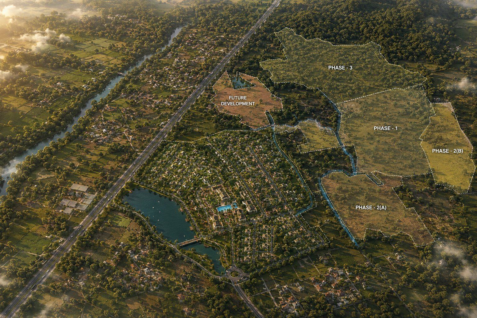 AURA ESTATE — the 100-acre vision: phased masterplan from above