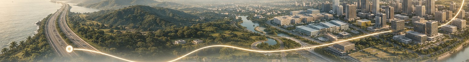Aerial of the Mumbai 3.0 corridor, from the coastal expressway through the Sahyadri hills to the new-town edge