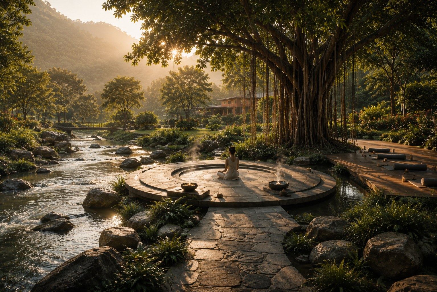 AURA ESTATE — mandala meditation deck beside the natural stream at golden hour